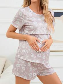 Maternity Floral Print Nursing Tee & Shorts PJ Set - Dusty Pink - View 5