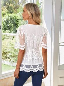 EMERY ROSE Top peplum escote V ribete en abanico de malla con bordado - Blanco - Ver 2