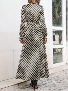 Breezaya 滿版印花喇叭袖繫腰帶連衣裙 - 杏色 - 查看 2