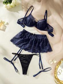 花卉蕾絲鋼圈吊帶襪內衣套裝