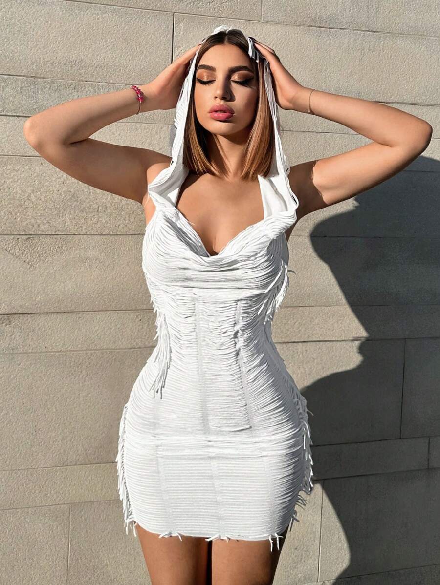 BamGleam 前垂褶連帽緊身連衣裙 - 白色 - 查看 1