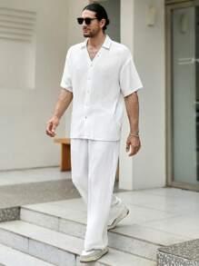 Manfinity RSRT Conjunto De Camisa Holgada De Botones De Color Sólido Y Pantalones Para Hombre - Blanco - Ver 1