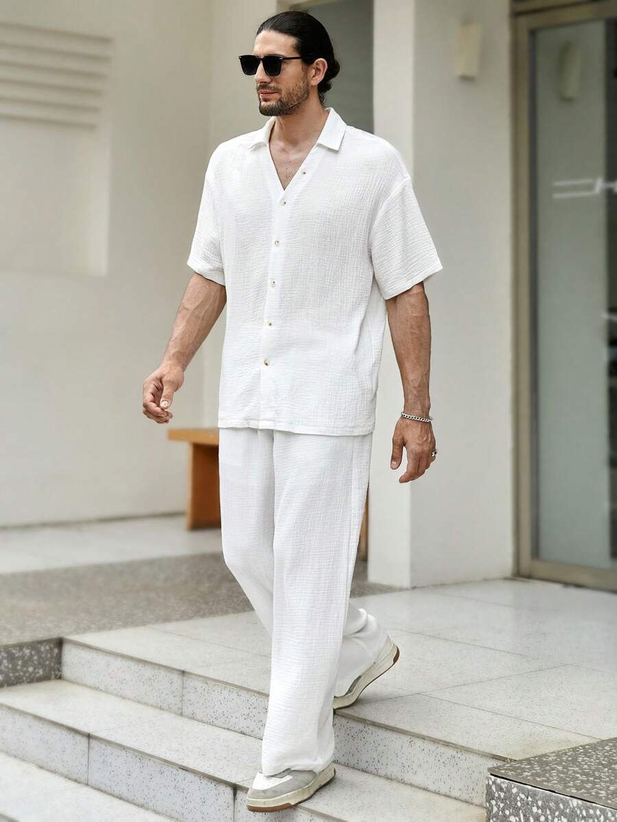 Manfinity RSRT Conjunto De Camisa Holgada De Botones De Color Sólido Y Pantalones Para Hombre - Blanco - Ver 1