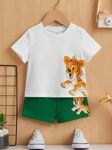 SHEIN 男嬰老虎印花T恤和短褲 - 彩色 - 查看 1
