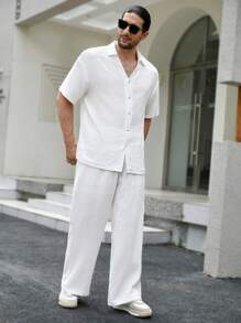 Manfinity RSRT Conjunto De Camisa Holgada De Botones De Color Sólido Y Pantalones Para Hombre - Blanco - Ver 3