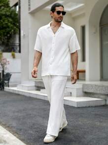 Manfinity RSRT Conjunto De Camisa Holgada De Botones De Color Sólido Y Pantalones Para Hombre - Blanco - Ver 4