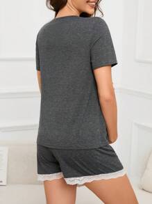 孕婦蕾絲拼接T恤和短裤休闲套装 - 灰色 - 查看 2