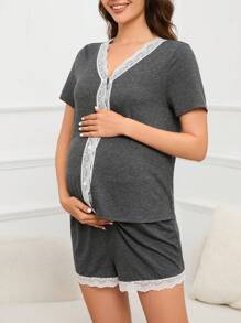 孕婦蕾絲拼接T恤和短裤休闲套装 - 灰色 - 查看 4