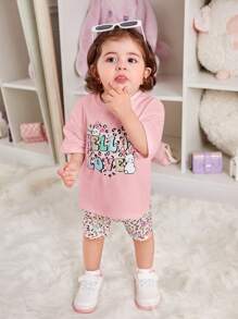 SHEIN 女嬰字母和卡通圖案落肩T恤&豹紋印花短褲 - 淺粉色 - 查看 3