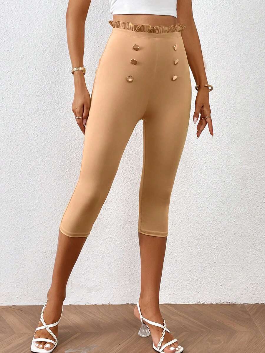 SHEIN Essnce 褶邊紐扣細節七分緊身打底褲 - 卡其色 - 查看 1