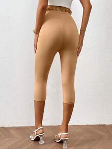 SHEIN Essnce 褶邊紐扣細節七分緊身打底褲 - 卡其色 - 查看 2
