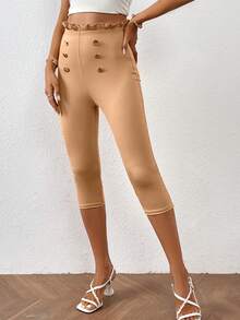 SHEIN Essnce 褶邊紐扣細節七分緊身打底褲 - 卡其色 - 查看 3