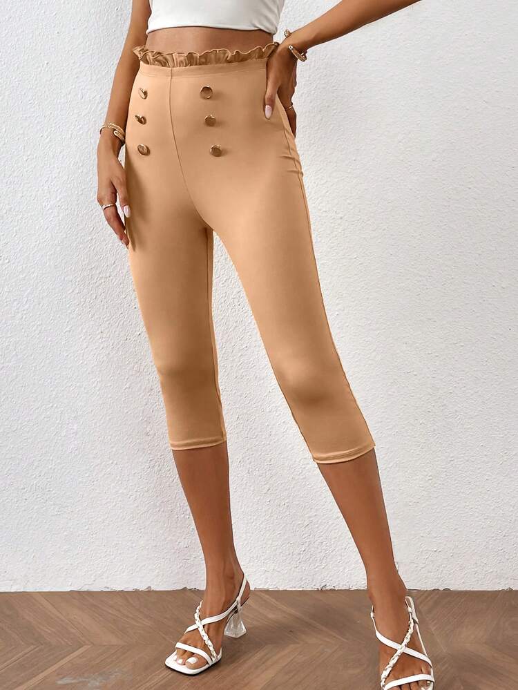 SHEIN Essnce Lá sen tỉa Chi tiết Nút Capri Xà cạp - Màu Khaki - Xem 3