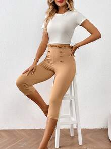 SHEIN Essnce 褶邊紐扣細節七分緊身打底褲 - 卡其色 - 查看 5