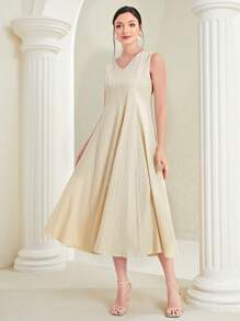 Seusyu Vestido línea A unicolor de cuello V - Albaricoque - Ver 1