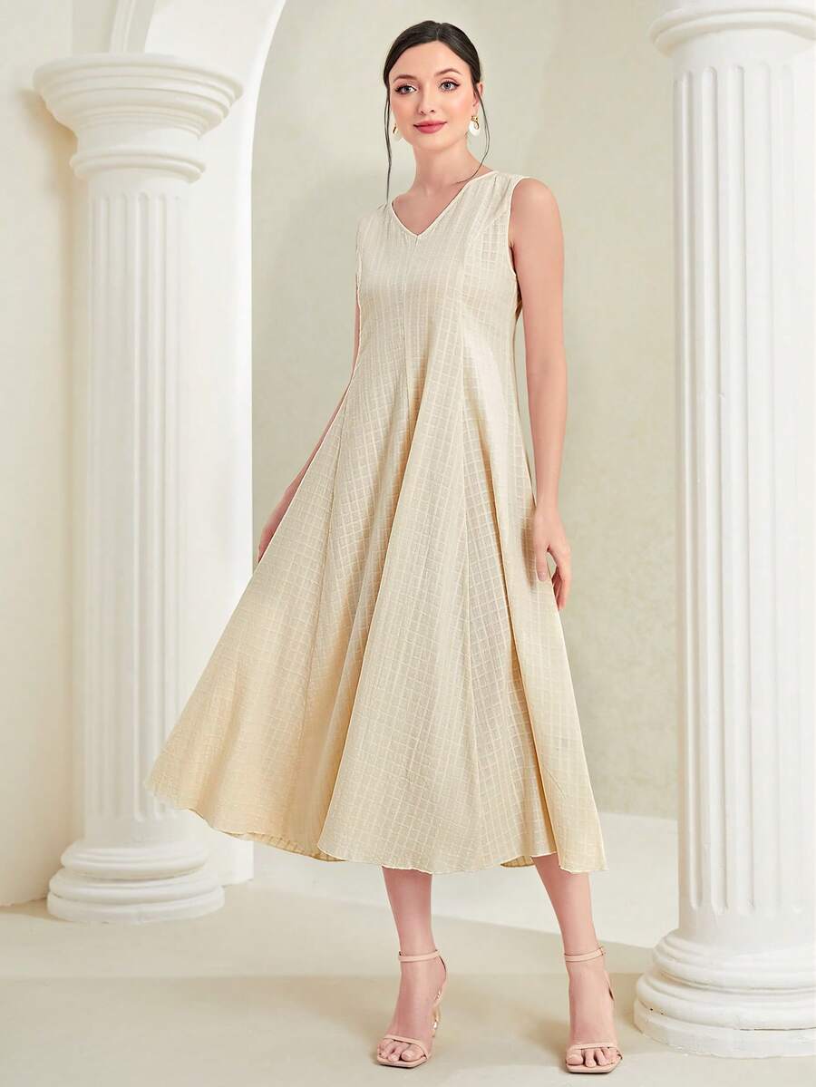 Seusyu Vestido línea A unicolor de cuello V - Albaricoque - Ver 1