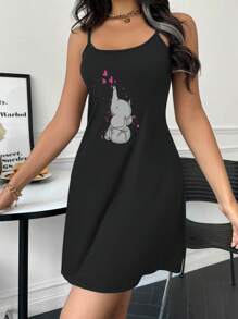 Cartoon Graphic Cami Pajama Nightdress - Black - View 1