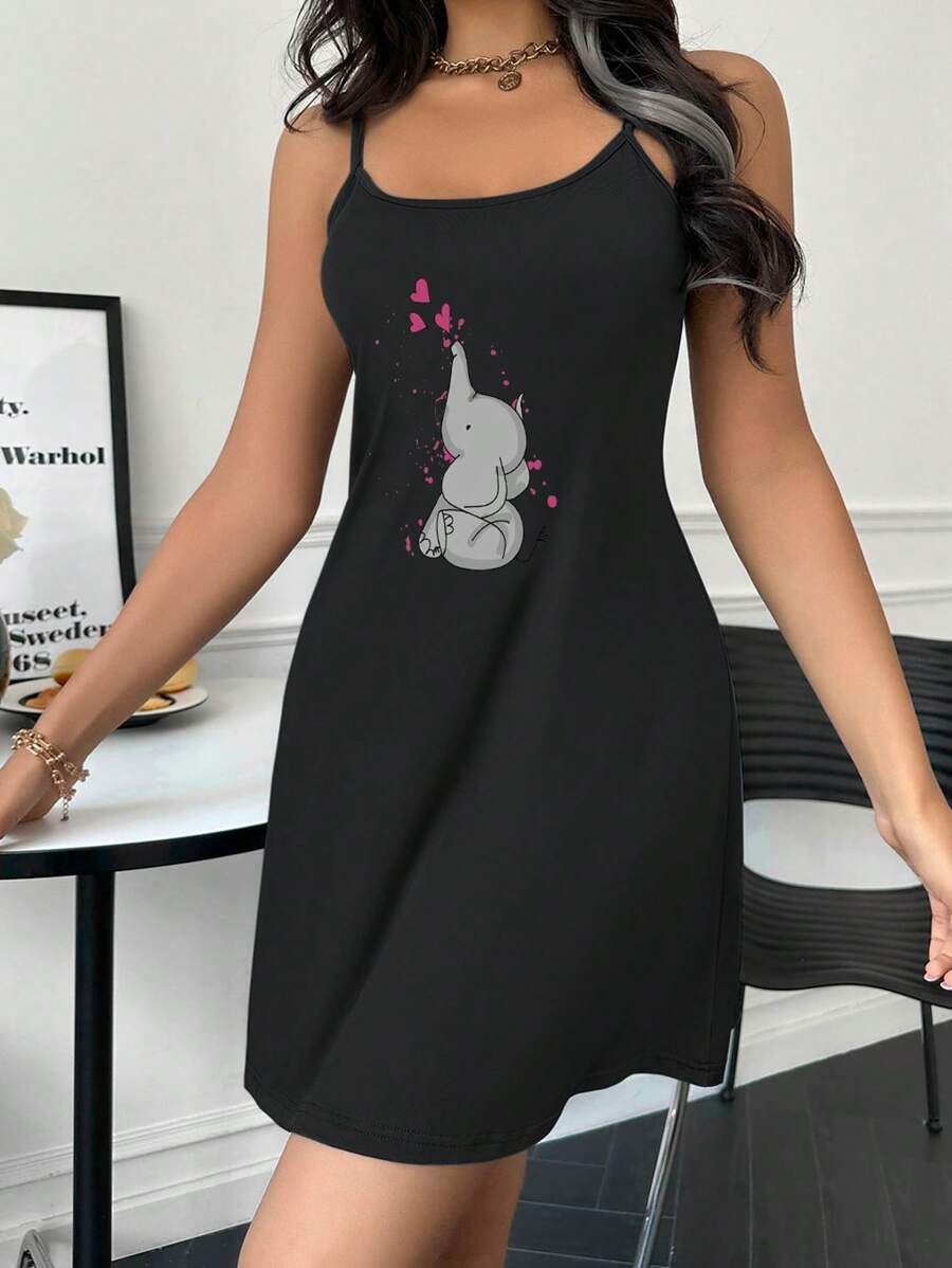 Cartoon Graphic Cami Pajama Nightdress - Black - View 1