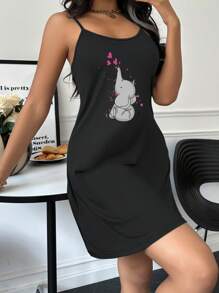 Cartoon Graphic Cami Pajama Nightdress - Black - View 3