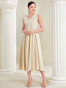 Seusyu Vestido línea A unicolor de cuello V - Albaricoque - Ver 3