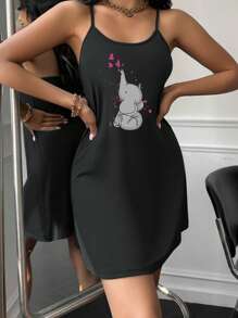 Cartoon Graphic Cami Pajama Nightdress - Black - View 4