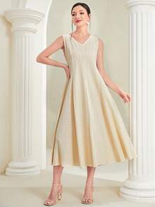 Seusyu Vestido línea A unicolor de cuello V - Albaricoque - Ver 5