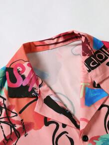 Manfinity 男士塗鴉圖案前紐扣襯衫 - 粉色 - 查看 6