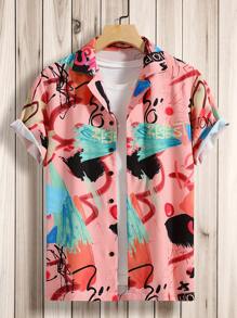 Manfinity 男士塗鴉圖案前紐扣襯衫 - 粉色 - 查看 7