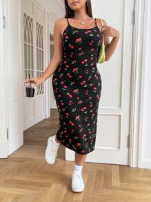 CovetEZ Plus Cherry Print Cami Dress - Black - View 1
