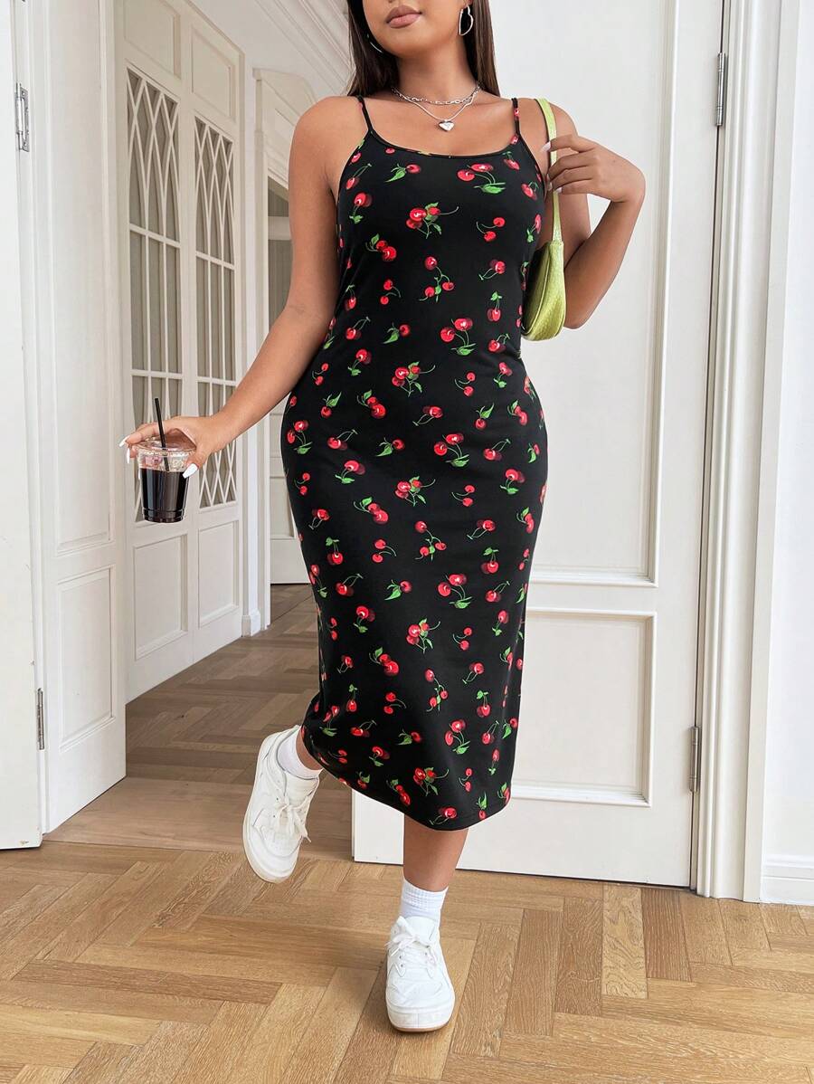 CovetEZ Plus Cherry Print Cami Dress - Black - View 1