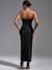 SHEIN Privé 素色PU皮革抹胸連衣裙不附腰帶 - 黑色 - 查看 6