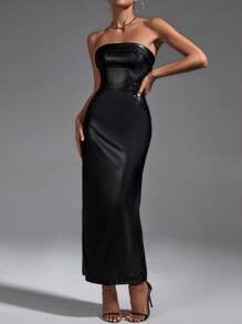 SHEIN Privé 素色PU皮革抹胸連衣裙不附腰帶 - 黑色 - 查看 8