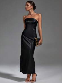 SHEIN Privé 素色PU皮革抹胸連衣裙不附腰帶 - 黑色 - 查看 9