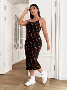 CovetEZ Plus Cherry Print Cami Dress - Black - View 3