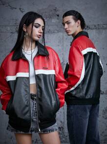 SWAVVY 1入組撞色字母補丁細節落肩袖PU皮革夾克 - 彩色 - 查看 6