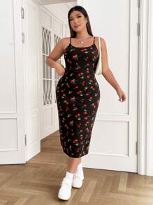 CovetEZ Plus Cherry Print Cami Dress - Black - View 4