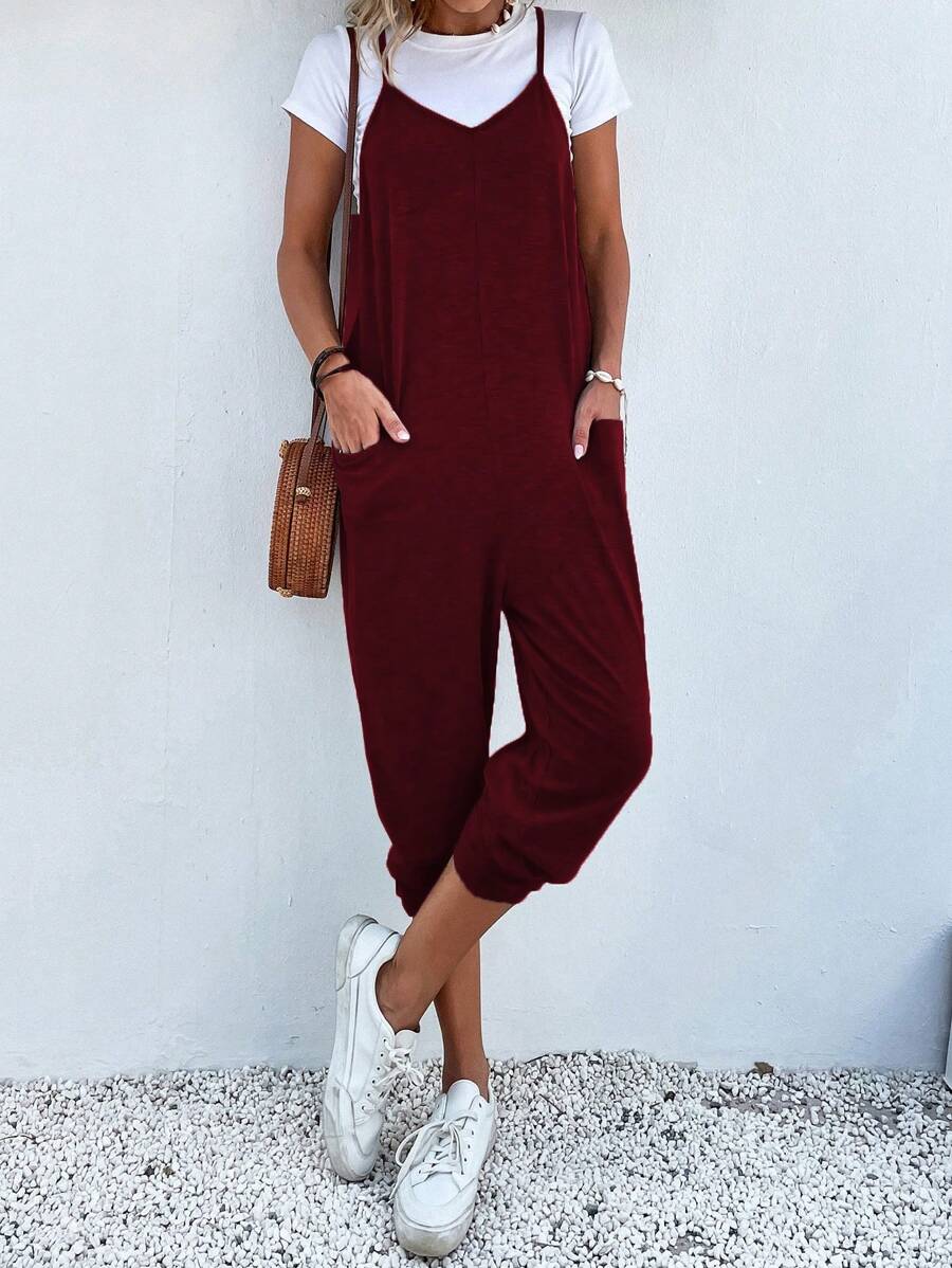 Breezaya Dual Pocket Cami Jumpsuit Without Tee - Burgundy - View 1