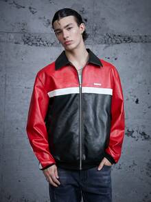 SWAVVY 1入組撞色字母補丁細節落肩袖PU皮革夾克 - 彩色 - 查看 3