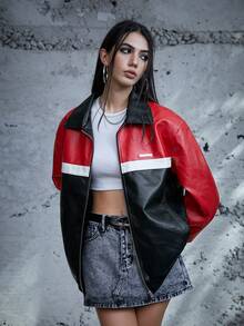 SWAVVY 1入組撞色字母補丁細節落肩袖PU皮革夾克 - 彩色 - 查看 4