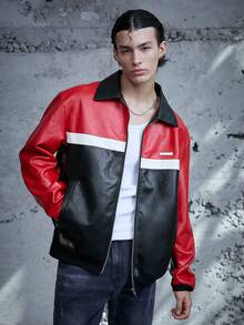 SWAVVY 1入組撞色字母補丁細節落肩袖PU皮革夾克 - 彩色 - 查看 5