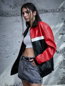 SWAVVY 1入組撞色字母補丁細節落肩袖PU皮革夾克 - 彩色 - 查看 7