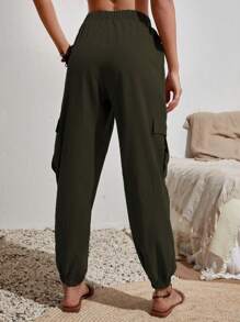 SHEIN VCAY Pantalones cargo con bolsillo lateral con solapa de cintura con nudo - Verde militar - Ver 2