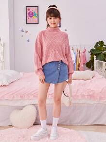 SHEIN Garota Adolescente Gola Alta Ombro Caído Suéter