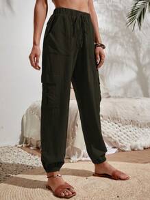 SHEIN VCAY Pantalones cargo con bolsillo lateral con solapa de cintura con nudo - Verde militar - Ver 5