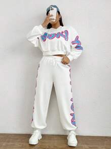 SHEIN EZwear Hơn Đồ họa Chữ cái Thả vai Dây rút Áo Hoodie & Quần thể thao - trắng - Xem 3