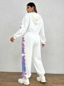 SHEIN EZwear Hơn Đồ họa Chữ cái Thả vai Dây rút Áo Hoodie & Quần thể thao - trắng - Xem 2