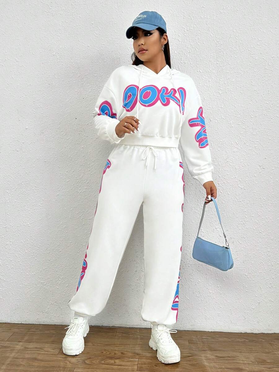 SHEIN EZwear Hơn Đồ họa Chữ cái Thả vai Dây rút Áo Hoodie & Quần thể thao - trắng - Xem 1