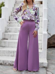 SHEIN Clasi Áo sơ mi họa tiết và quần ống rộng - Màu tím - Xem 1