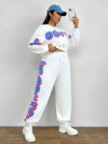 SHEIN EZwear Hơn Đồ họa Chữ cái Thả vai Dây rút Áo Hoodie & Quần thể thao - trắng - Xem 4