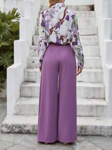 SHEIN Clasi Áo sơ mi họa tiết và quần ống rộng - Màu tím - Xem 2